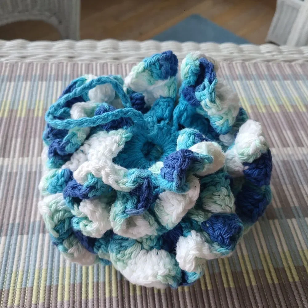 NEW Handmade Crochet Bath Pouf – Blue, White & Aqua Cotton Shower Loofah NWT
